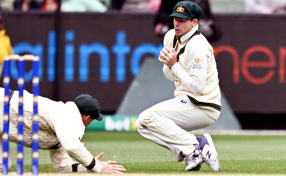 Steve Smith, pictured here dealing with Marnus Labuschagne's distraction to complete the catch. 