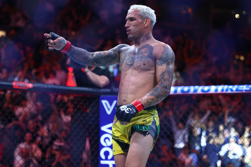 Jun 10, 2023; Vancouver, BC, Canada; Charles Oliveira reacts following his TKO victory against Beneil Dariush during UFC 289 at Rogers Arena. Mandatory Credit: Sergei Belski-USA TODAY Sports