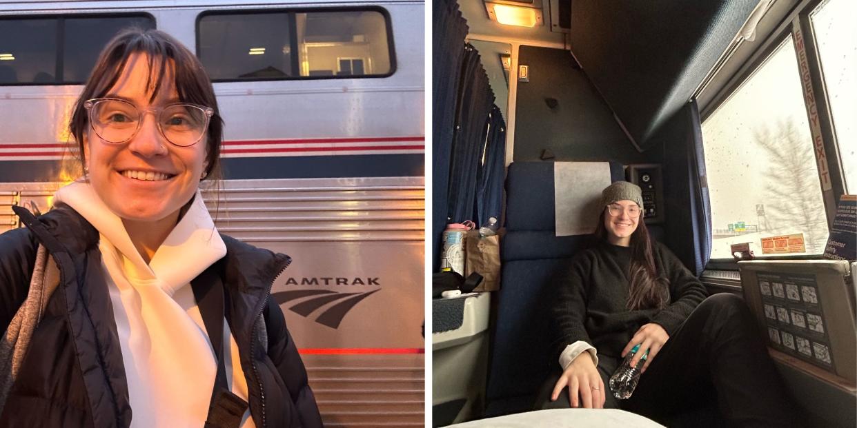 Side-by-side photos of the author outside the Amtrak train and in her roomette.