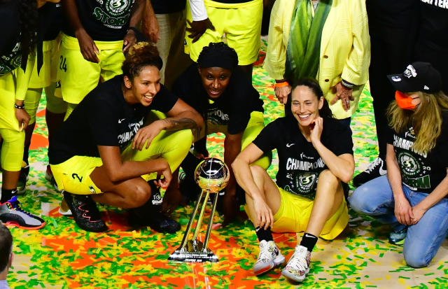 Sue Bird smiles after winning the 2020 WNBA championship following on Oct. 6, 2020 in Palmetto, Florida. (Julio Aguilar/Getty Images)