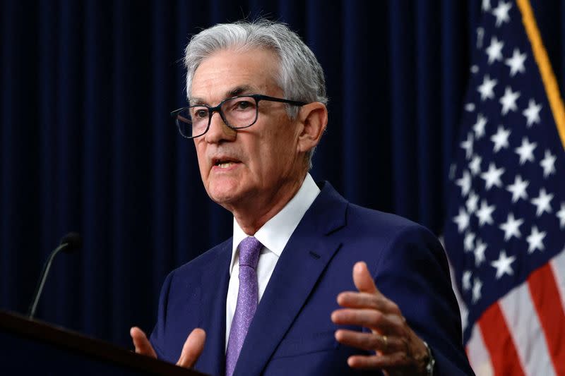 FILE PHOTO: U.S. Federal Reserve Chair Jerome Powell delivers remarks during a press conference, in Washington