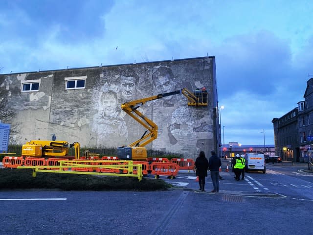 Part of a new large relief sculpture called Unearthed, that has been created to mark links between Aberdeen and the Spanish Civil War, made by Portuguese street artist Vhils 