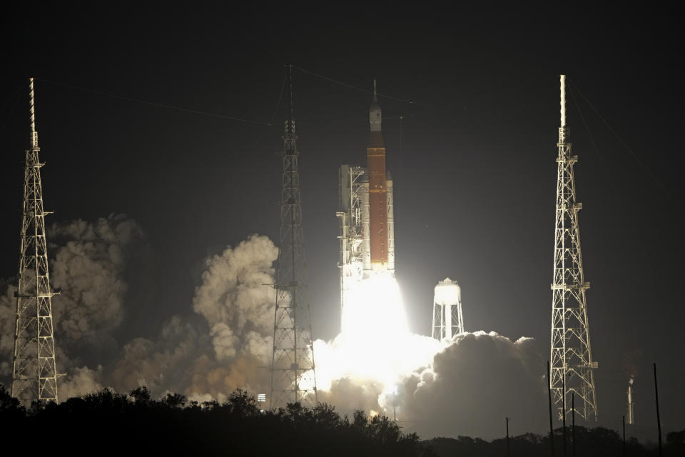 NASA's new moon rocket lifts off from Launch Pad 39B at the Kennedy Space Center in Cape Canaveral, Fla., Wednesday, Nov. 16, 2022. This launch is the first flight test of the Artemis program. (AP Photo/John Raoux)