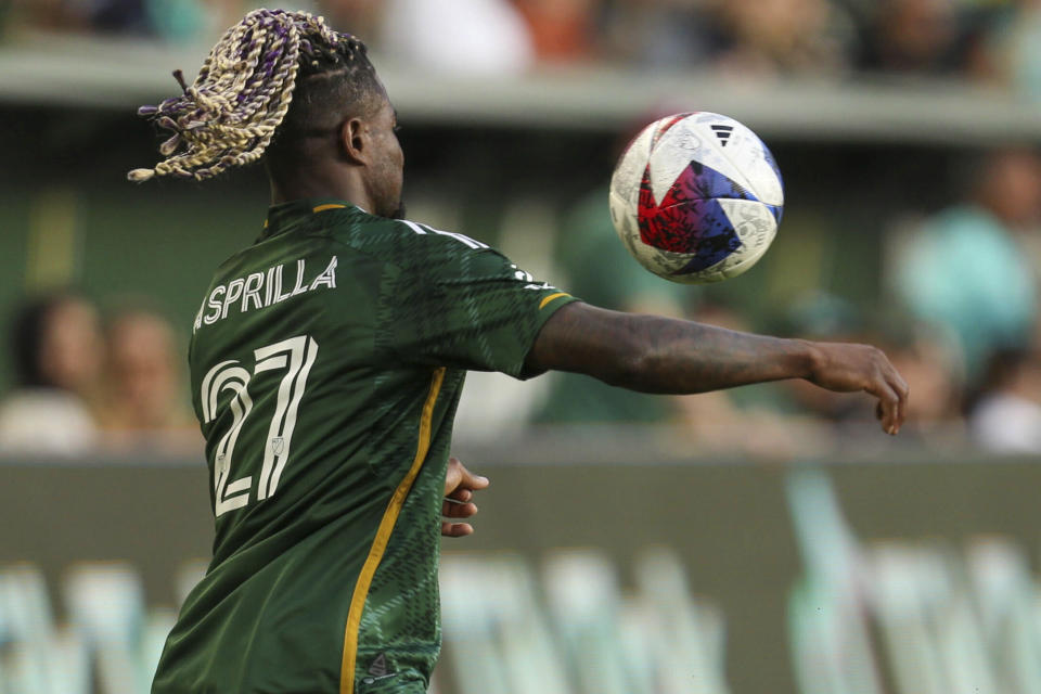 Portland Timbers forward Dairon Asprilla goes for the ball during an MLS soccer match at Providence Park against Minnesota United in Portland, Ore. on Saturday, May 20, 2023. (Vickie Connor/The Oregonian via AP)