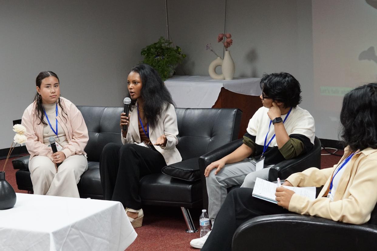 From left to right, Regina Loayza, who was born in Peru; Merafe Endalew, a first-generation immigrant from Kenya with Ethiopian roots; Nisha Deurali, whose family is Bhutanese Nepali; and Dilasha Adhikari, who is also Bhutanese Nepali, all spoke on a panel about mental health in immigrant and refugee communities at a conference in Reynoldsburg Saturday.