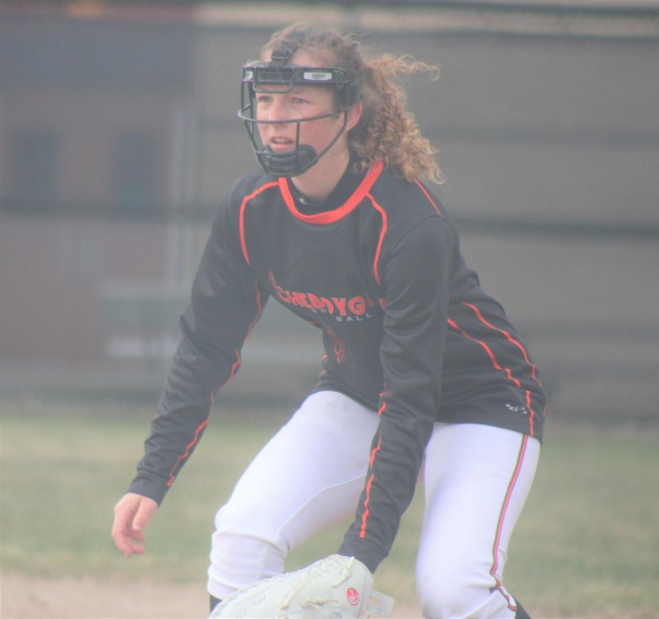Cheboygan senior Emily Clark gets ready for an upcoming play at first base during game one of a softball doubleheader against Elk Rapids on Friday.