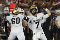 Colorado quarterback Owen McCown (7) throws a pass against Arizona during the first half of an NCAA college football game Saturday, Oct. 1, 2022, in Tucson, Ariz. (AP Photo/Rick Scuteri)