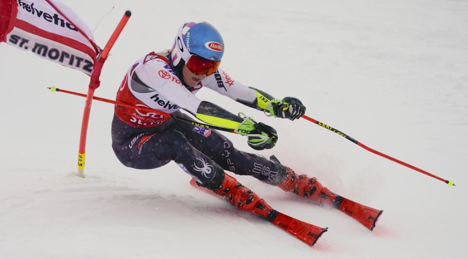 United States' Mikaela Shiffrin competes during a slalom qualifying run for a women's World Cup parallel event, in St. Moritz, Switzerland, Sunday, Dec. 9, 2018. Mikaela Shiffrin won her third straight World Cup event Sunday, beating Petra Vlhova in the head-to-head final of parallel slalom. (AP Photo/Giovanni Auletta)