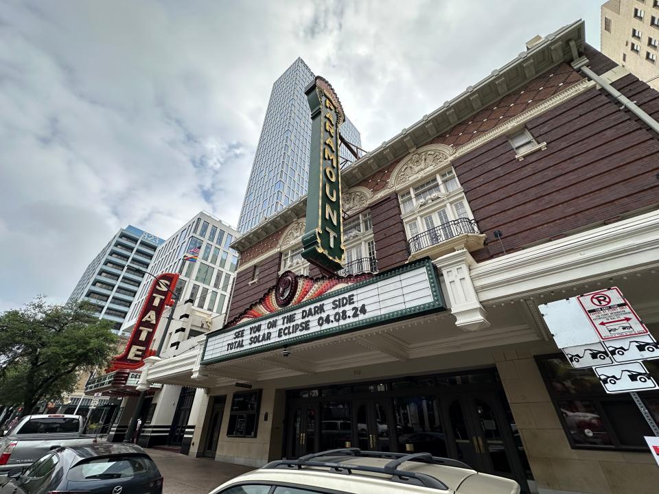 The marquee on Austin's historic Paramount Theatre in downtown Austin welcomes eclipse viewers on April 8, 2024.