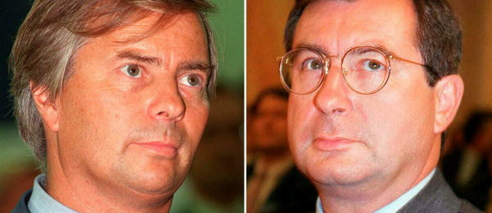 Deux portraits d'archives récents de Martin Bouygues (D), président du groupe de BTP, qui possède notamment TF1, et de Vincent Bolloré (G), premier actionnaire de Vivendi qui contrôle Canal+.  - Credit: JACK GUEZ / AFP