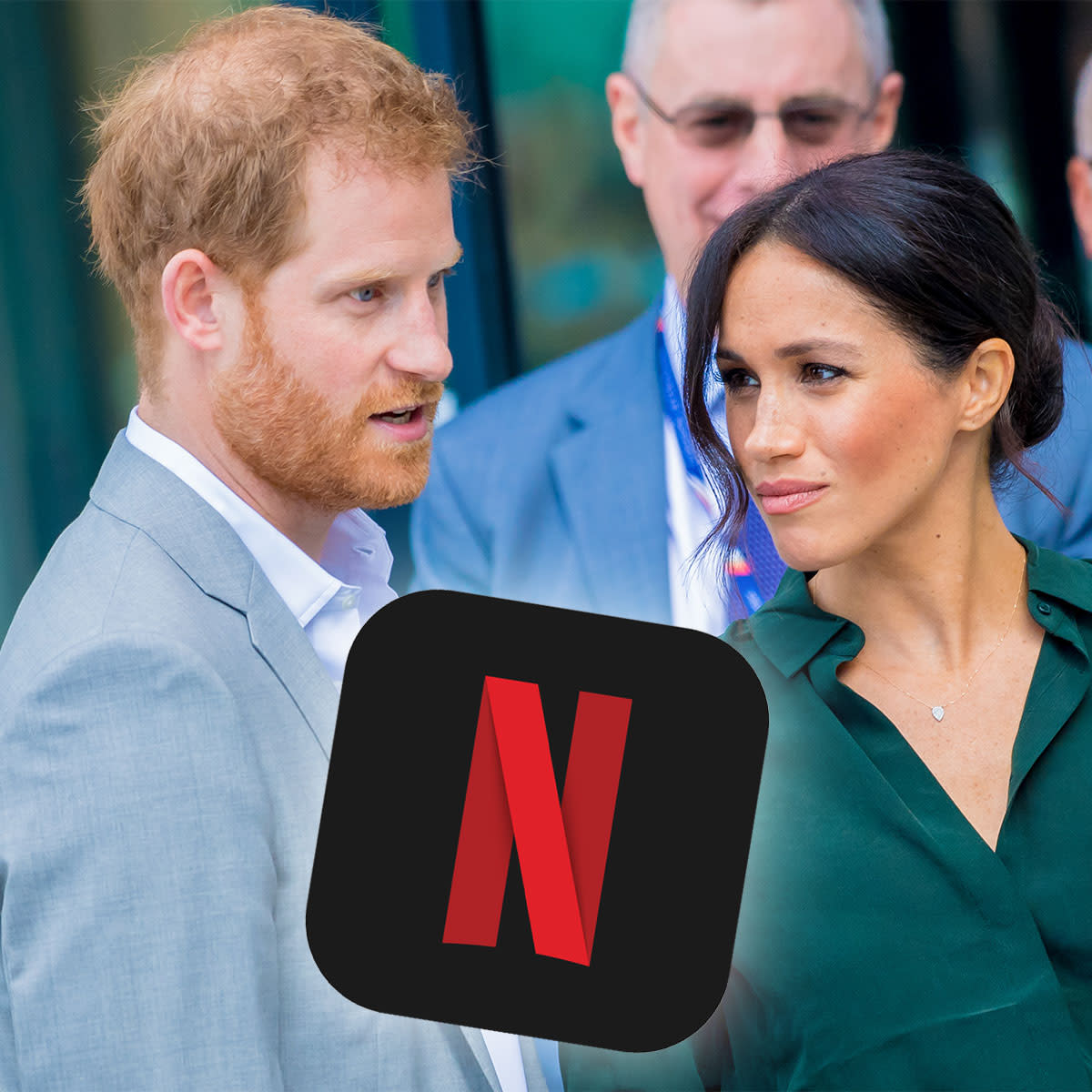 Prince Harry, Meghan Markle and Netflix logo overlay