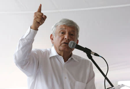 Leftist front-runner Andres Manuel Lopez Obrador of the National Regeneration Movement (MORENA) speaks during his campaign rally in Cuautitlan Izcalli, Mexico, April 13, 2018. REUTERS/Henry Romero