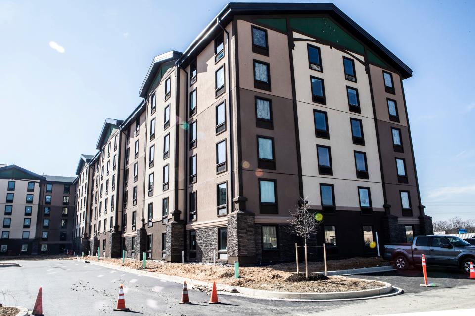 The Great Wolf Lodge's facade is featured during a hard hat tour in Perryville, Md., Wednesday, Feb. 8, 2023.