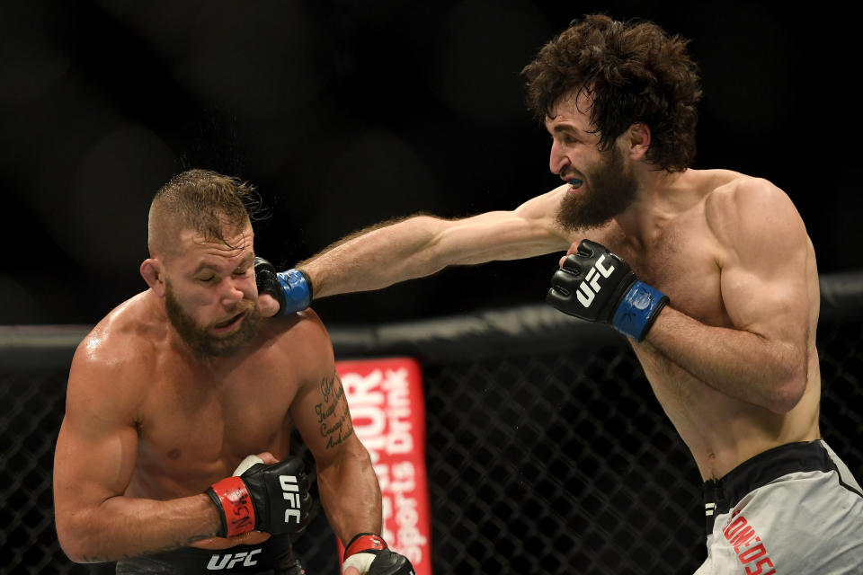 LAS VEGAS, CA - MARCH 02: Zabit Magomedsharipov lands a punch to the head of Jeremy Stephens. Magomedsharipov defeated Stephens via judges decision during UFC 235 at the T-Mobile Arena in Las Vegas, NV, Saturday, Mar. 2, 2019. (Photo by Hans Gutknecht/MediaNews Group/Los Angeles Daily News via Getty Images)