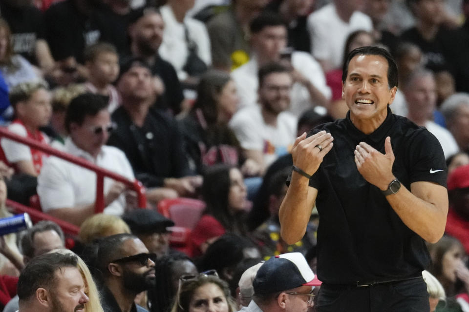 Miami Heat head coach Erik Spoelstra gestures during the first half of an NBA basketball game against the Boston Celtics, Sunday, Feb. 11, 2024, in Miami. (AP Photo/Rebecca Blackwell)