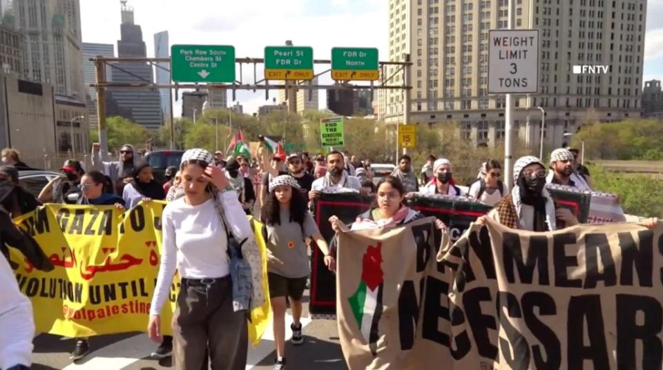 Anti-Israel protestors marching onto the Brooklyn Bridge on April 15, 2024. FNTV/Olga Fe