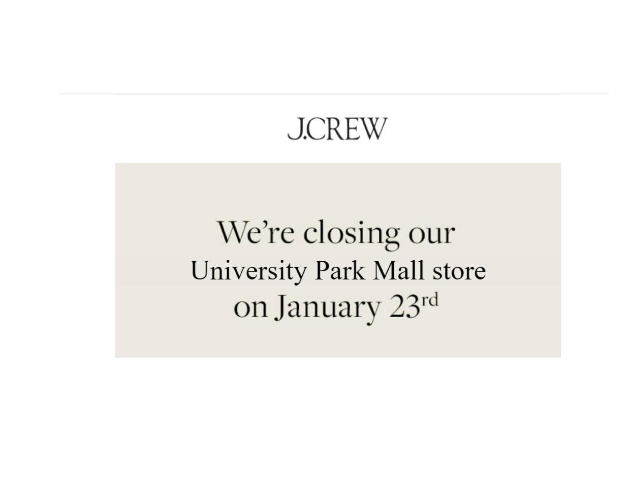 A screen shot of an email sent to customers announcing the retailer is closing.