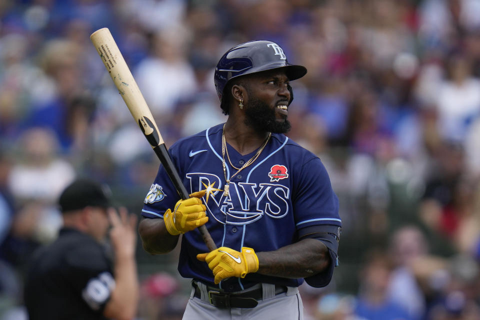 Tampa Bay Rays' Randy Arozarena leaves the field after striking out during the fourth inning of a baseball game against the Chicago Cubs, Monday, May 29, 2023, in Chicago. (AP Photo/Erin Hooley)