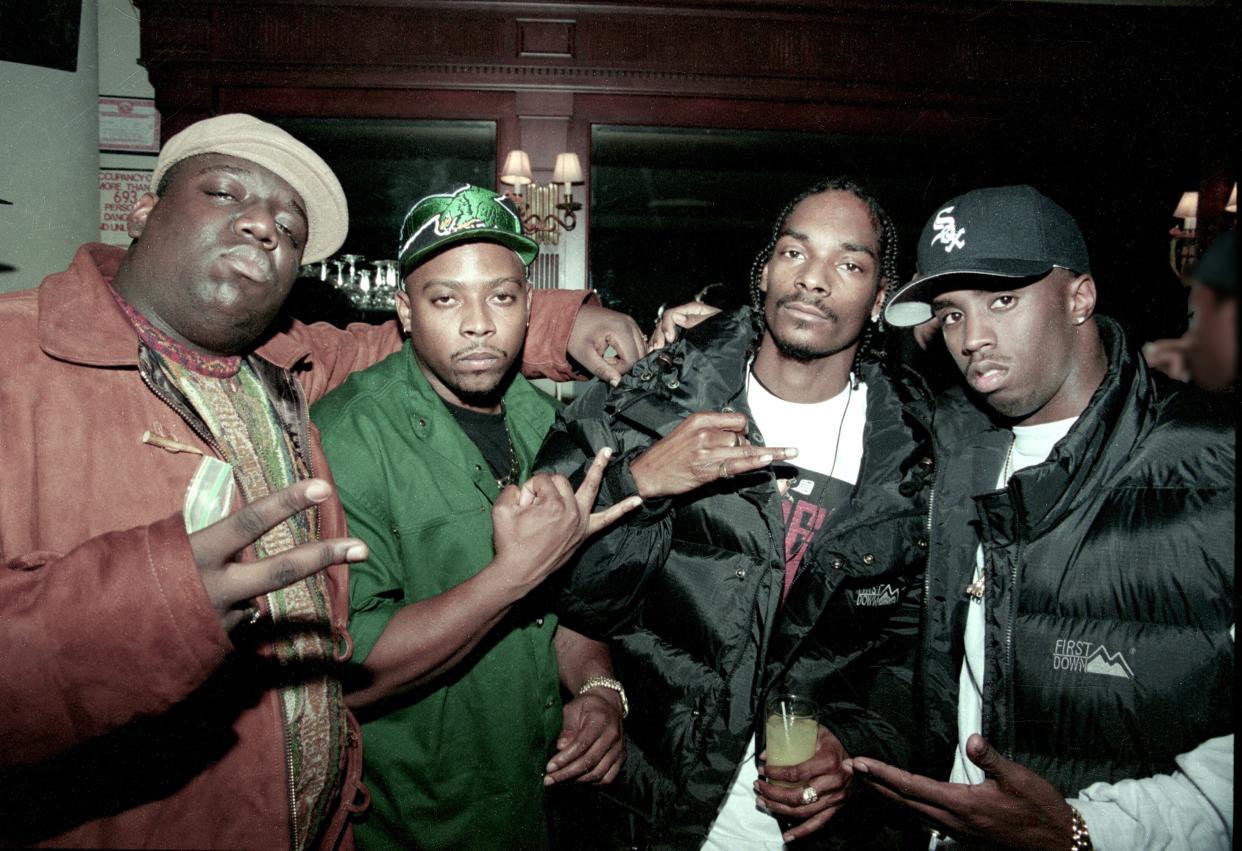 American rappers Notorious BIG, Nate Dogg, Snoop Dogg, and Sean Combs in 1995