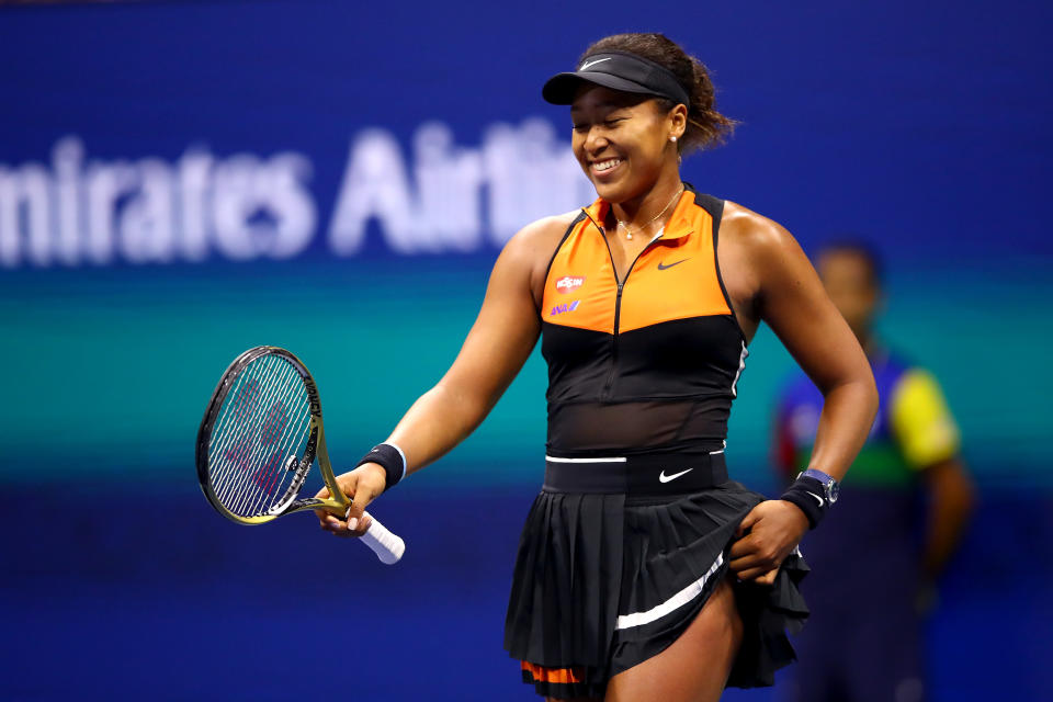 NEW YORK, NEW YORK - AUGUST 31: Naomi Osaka of Japan celebrates winning her Women's Singles third round match against Cori Gauff of the United States on day six of the 2019 US Open at the USTA Billie Jean King National Tennis Center on August 31, 2019 in Queens borough of New York City. (Photo by Clive Brunskill/Getty Images)