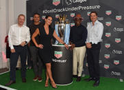 LONDON, ENGLAND - AUGUST 14: Rob Diver, Jermaine Jenas, Kirsty Gallacher, Ian Wright and Richard Masters attend the TAG Heuer announcement of the extension of its partnership as Official Timekeeper to The Premier League. August 14, 2018 in London, England. (Photo by David M. Benett/Dave Benett/Getty Images for TAG Heuer)