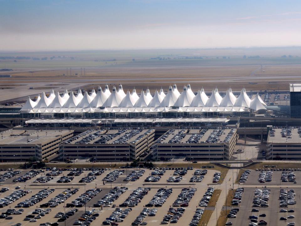 An aerial view of Denver International Airport.