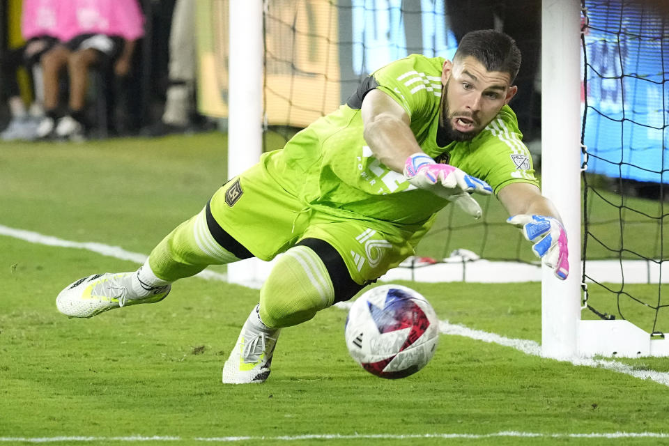 Los Angeles FC goalkeeper Maxime Crépeau stops a shot during the first half of a Major League Soccer match against Minnesota United on Wednesday, Oct. 4, 2023, in Los Angeles. (AP Photo/Mark J. Terrill)
