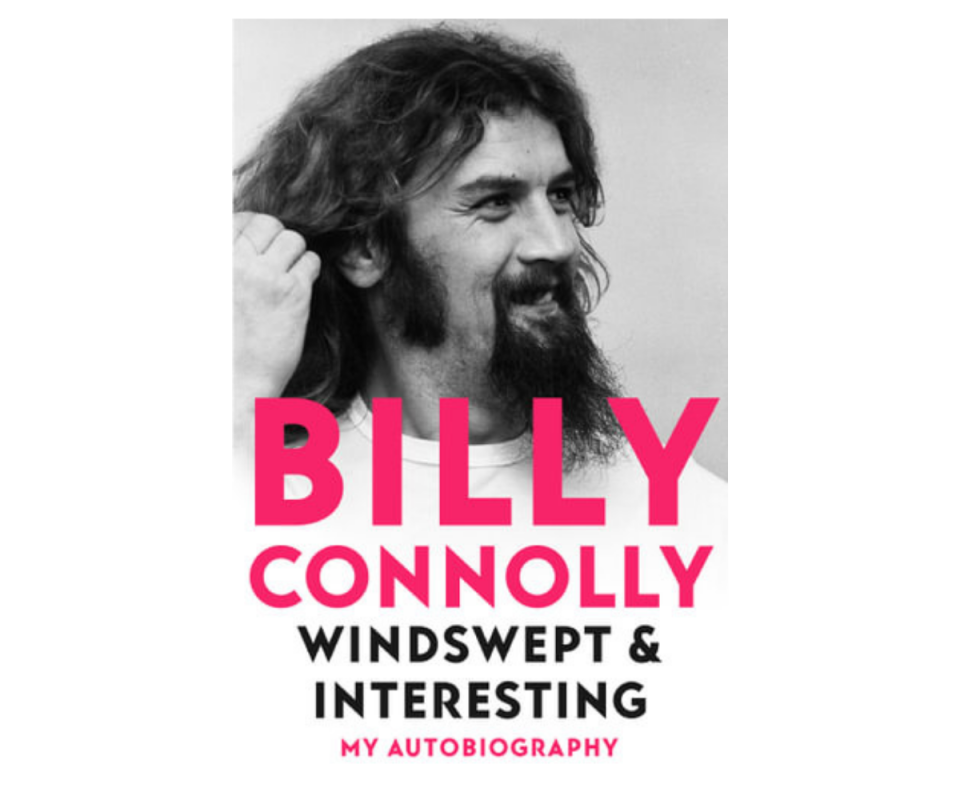 Black and white photo of a younger Billy Connolly on the cover of his autobiography. 