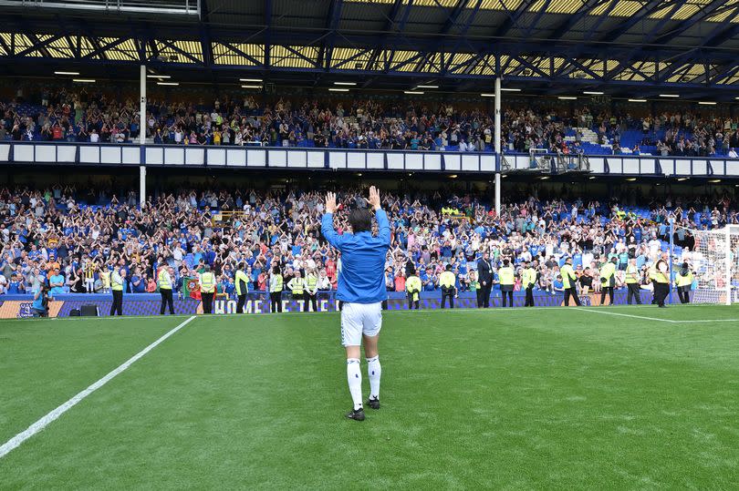 LIVERPOOL, ENGLAND - MAY 11: Andre Gomes of Everton applauds fans in the the Gwladys Street Stand after the Premier League match between Everton FC and Sheffield United at Goodison Park on May 11, 2024 in Liverpool, England. (Photo by Tony McArdle/Everton FC via Getty Images)