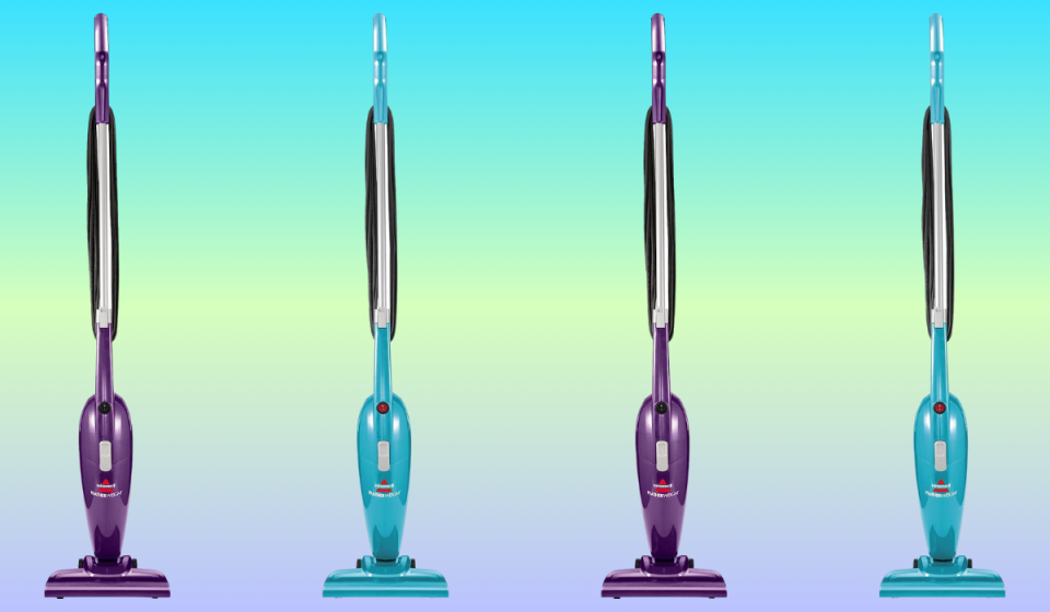 four bissell stick vacuums in blue and purple against a blue, green and lavender background