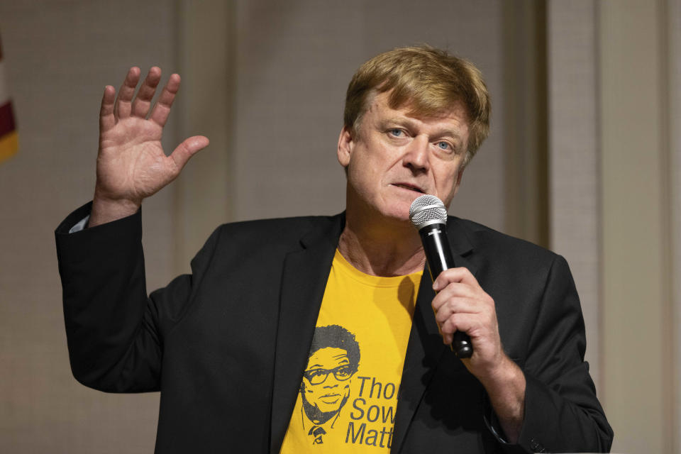 Patrick Byrne speaks during a panel discussion at the Nebraska Election Integrity Forum on Saturday, Aug. 27, 2022, in Omaha, Neb. (AP Photo/Rebecca S. Gratz)