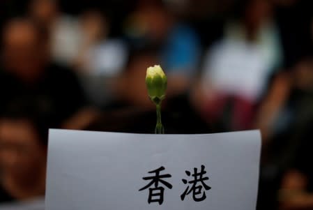 A flower is seen during a rally in support of demonstrators protesting against proposed extradition bill with China, in Hong Kong