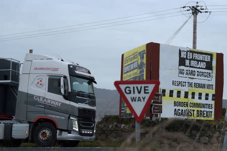 FILE PHOTO: A sign for 'No border' is seen on the border between Northern Ireland and Ireland in Jonesborough, Northern Ireland December 10, 2018. REUTERS/Clodagh Kilcoyne/File Photo