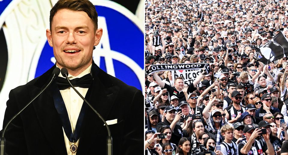 Pictured Lachie Neale winning the 2023 Brownlow medal left and Collingwood fans right