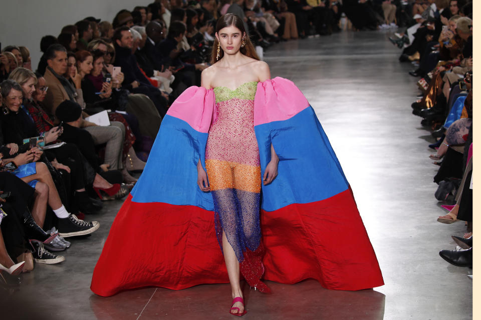 A model wears a creation for Schiaparelli Haute Couture Spring/Summer 2020 fashion collection presented Monday Jan.20, 2020 in Paris (AP Photo/Francois Mori)