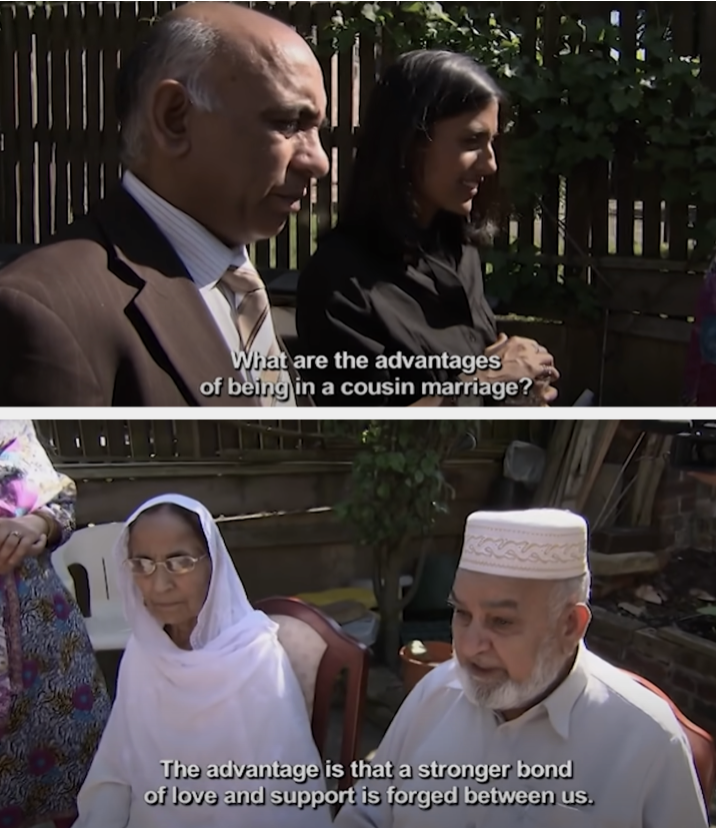 Two screenshots, in the first, two people are asked about the benefits of cousin marriages. In the second, two elderly people respond that it strengthens love and support