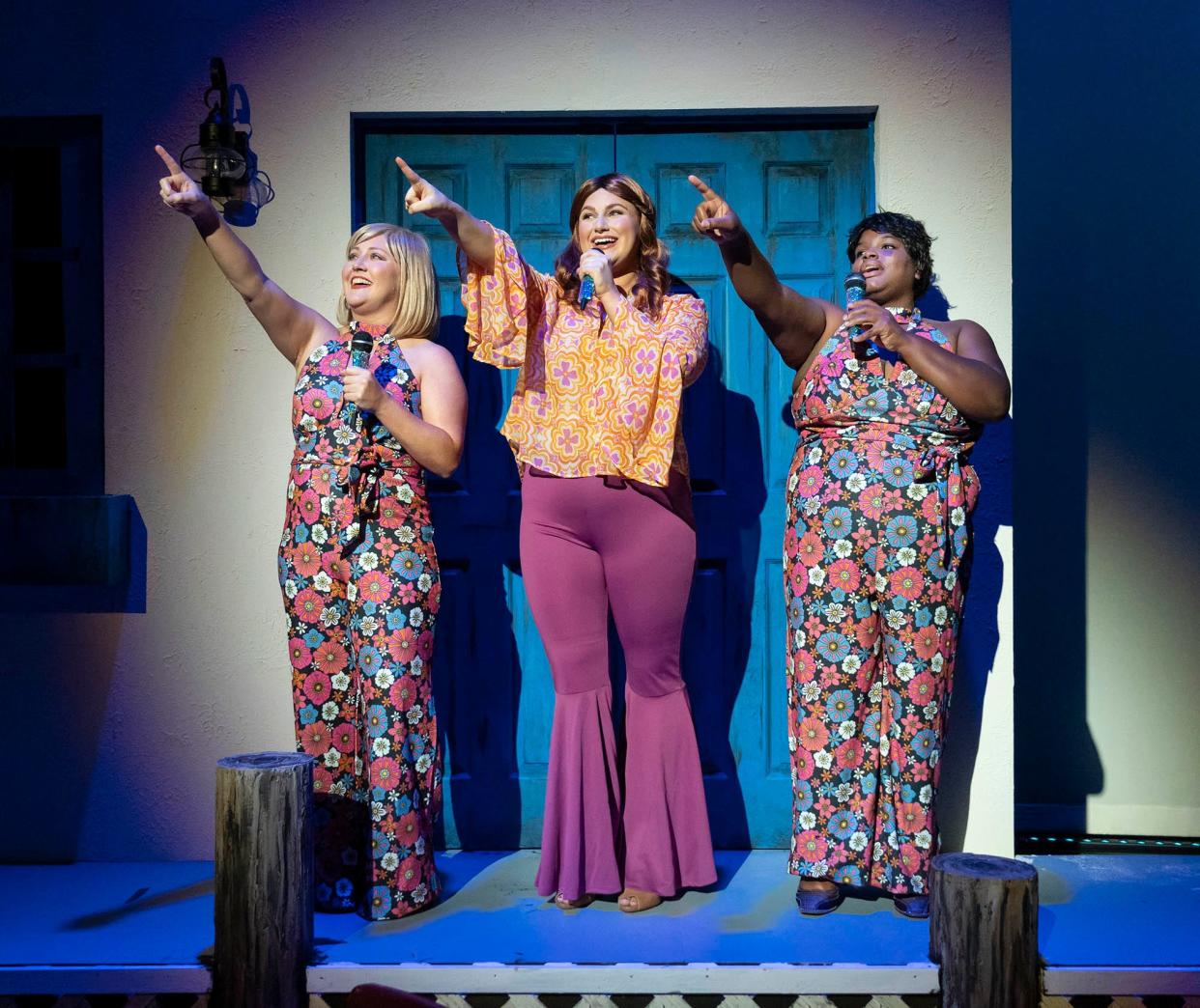 From left: Lindsey Jones, Jamie Shannon Ferguson Ertle, and Brandy M. Johnson, in Theatre Tuscaloosa's production of "Mamma Mia!," running Friday through July 24 in the Bean-Brown Theatre. [Photo by Porfirio Solórzano]