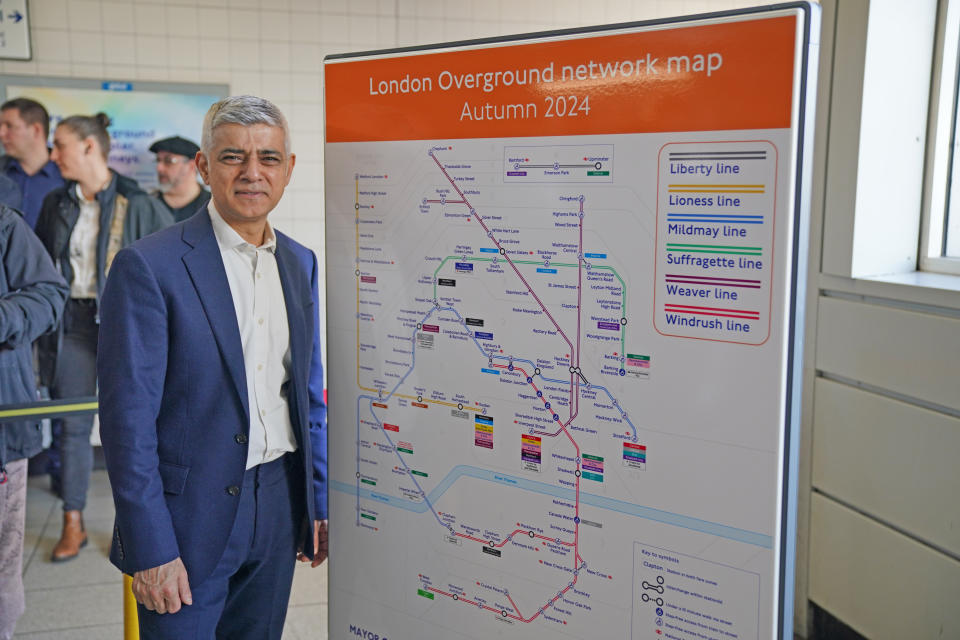 Mayor of London Sadiq Khan during a visit to Highbury and Islington underground station, north London, to announce that London Overground services will be split into separate lines, which will be given individual names and colours to make the network easier to navigate. The six lines will be named Lioness, Mildmay, Windrush, Weaver, Suffragette and Liberty. Picture date: Thursday February 15, 2024. (Photo by Jonathan Brady/PA Images via Getty Images)