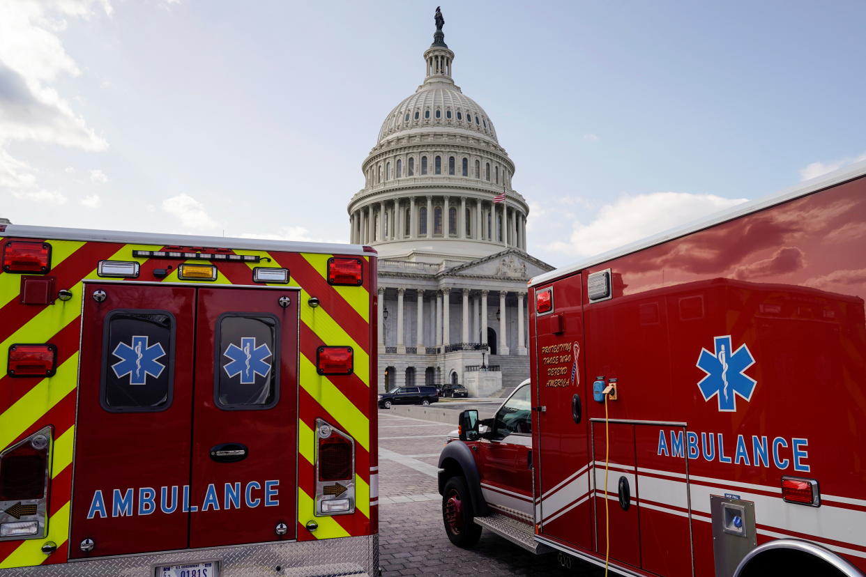 Ambulances are parked at the U.S. Capitol after police warned that a militia group might try to attack the U.S. Capitol in Washington, U.S., March 4, 2021. REUTERS/Joshua Roberts