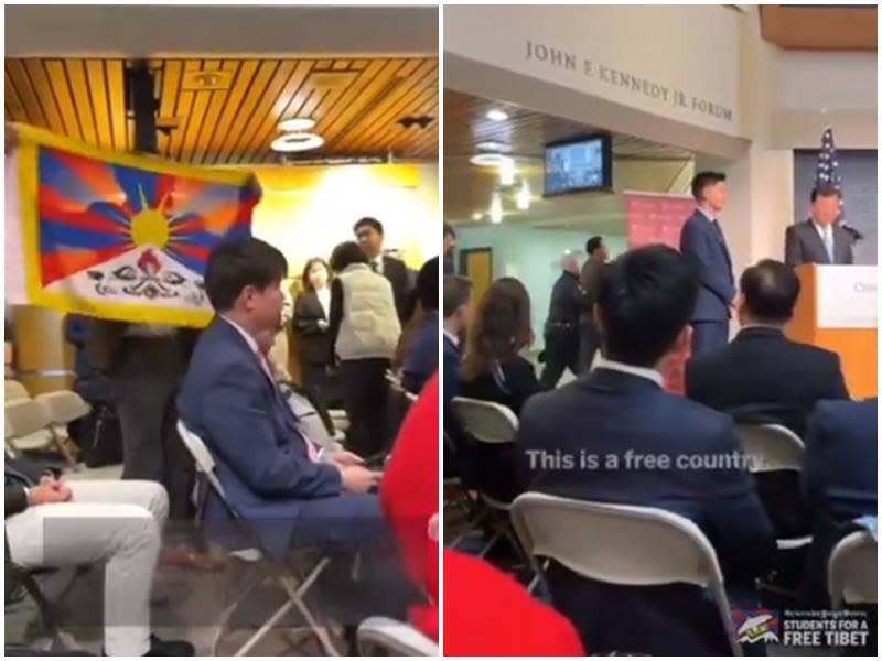 中國駐美大使謝鋒日前在美國哈佛大學演講，遭到支持台灣與西藏等人士抗議。(X平台)