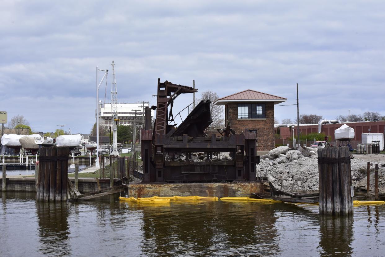 The remains of the Pere Marquette Rail Bridge's base on April 26, 2023. The bridge has fully been removed from its spot after nearly two months of construction.