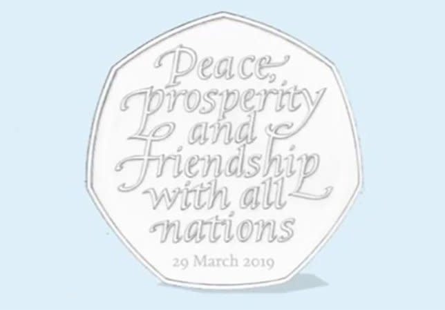 A mock of the new Brexit 50p, with the words 'peace, prosperity and friendship with all nations.