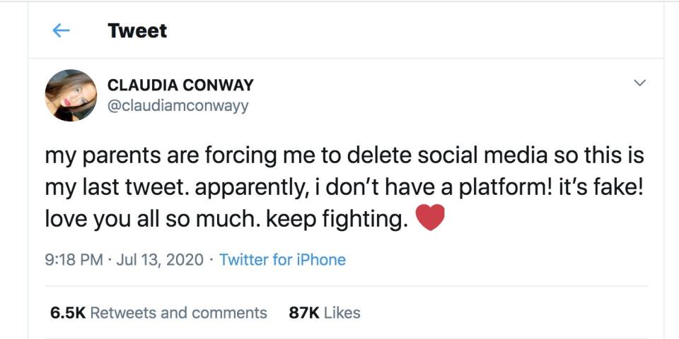 Claudia Conway Tweet