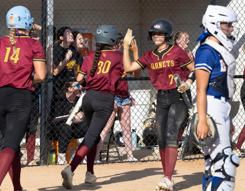 Haddon Heights celebrate their 6 run fifth inning. Haddon Heights defeats Donovan Catholic 6-1 in Tournament of Champions semifinal game in Toms River on June 8, 2022. 