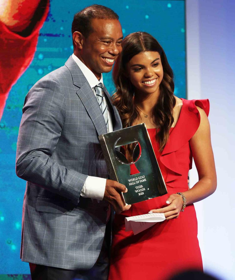 Tiger Woods and daughter Sam Alexis Woods pose during the 2022 World Golf Hall of Fame Induction at the PGA TOUR Global Home on March 09, 2022 in Ponte Vedra Beach, Florida