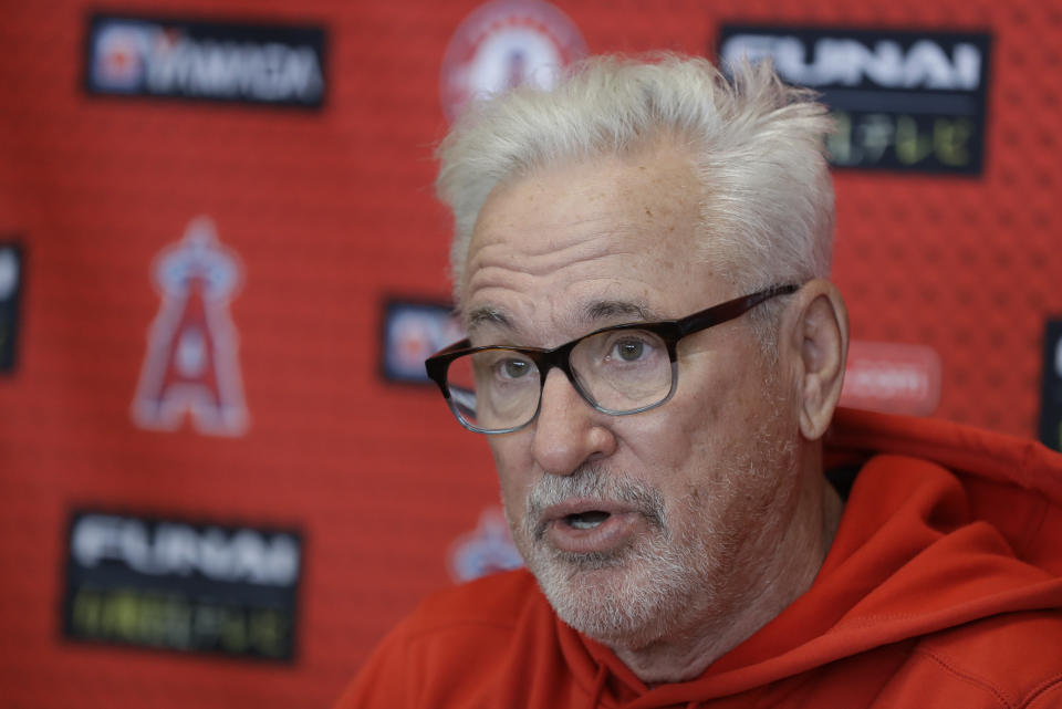 Los Angeles Angels manager Joe Maddon speaks during a news conference at the spring training baseball facility, Tuesday, Feb. 11, 2020, in Tempe, Ariz. (AP Photo/Darron Cummings)