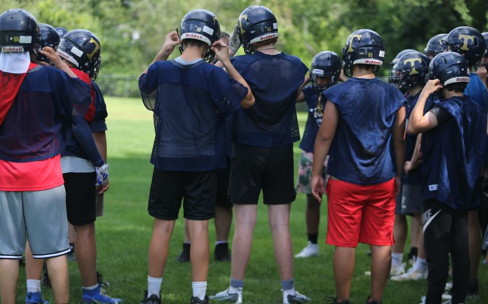 Traip Academy gathers for the first practice of the season Monday, Aug. 14, 2023.