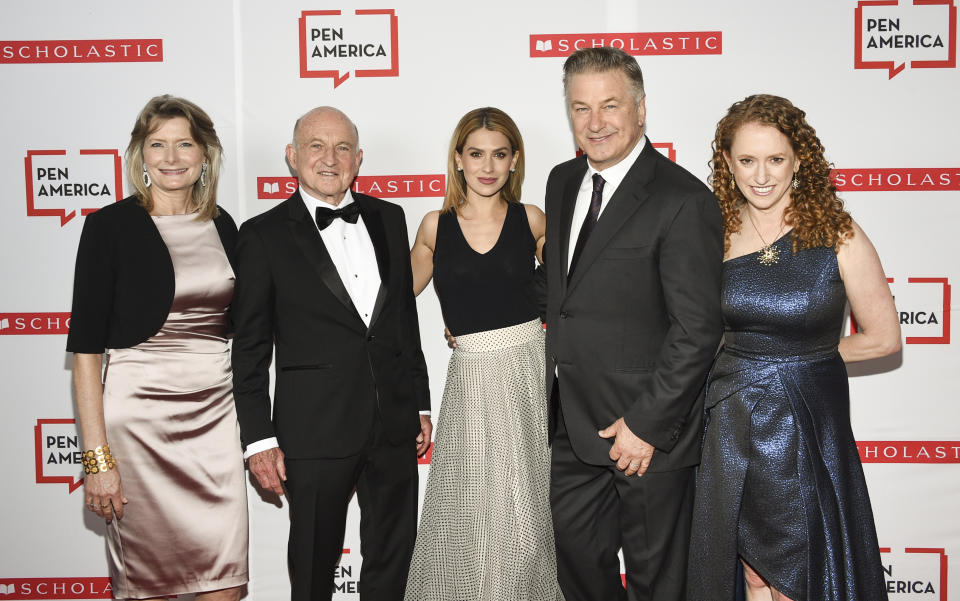PEN America president Jennifer Egan, left, PEN publisher award recipient Richard Robinson, Hilaria Baldwin, Alec Baldwin and PEN America CEO Suzanne Nossel pose together at the 2019 PEN America Literary Gala at the American Museum of Natural History on Tuesday, May 21, 2019, in New York. (Photo by Evan Agostini/Invision/AP)