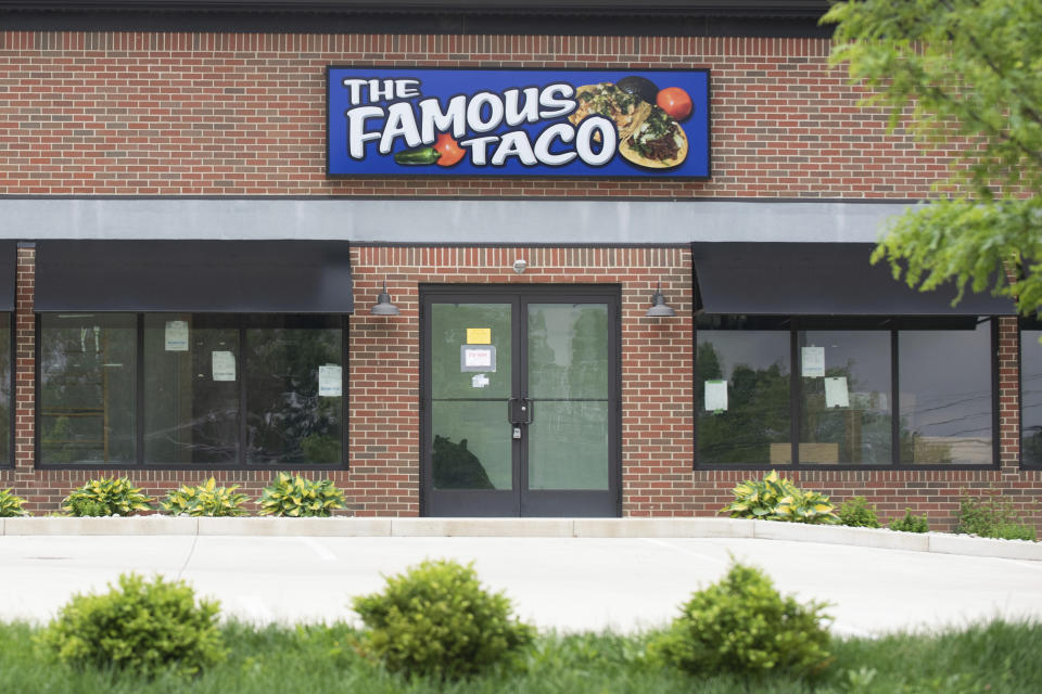 Signage hangs at Famous Taco's new location in Evansville, In., Friday, May 17, 2024. An Indiana judge who declared that “tacos and burritos are Mexican-style sandwiches” has cleared the way for the opening of the restaurant's second location in Fort Wayne, delighting a restauranteur following a legal battle. (Stan Sussina/The Journal-Gazette via AP)