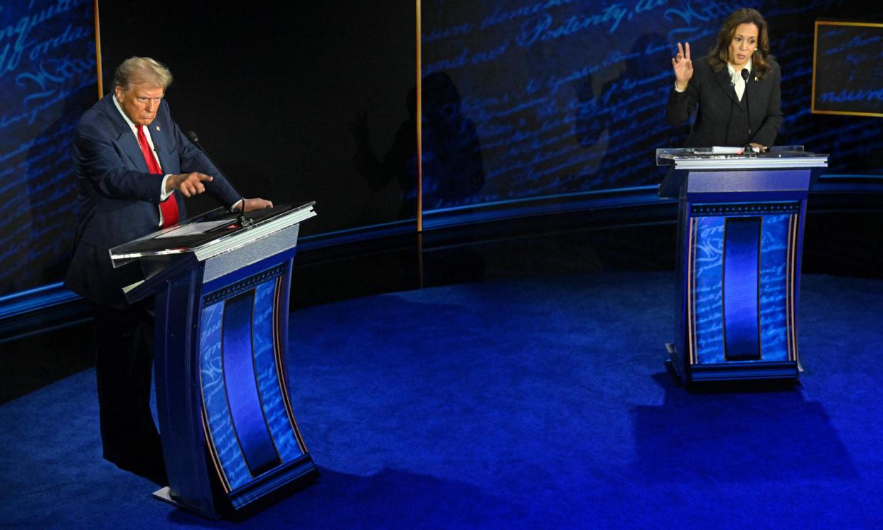 <span>Republican presidential candidate, Donald Trump, speaks during a presidential debate with US vice-president and Democratic presidential candidate, Kamala Harris.</span><span>Photograph: Saul Loeb/AFP/Getty Images</span>